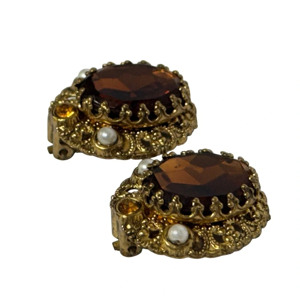 Vintage W Germany Clip On Earrings Brown‎ Jewel Faux Pearl Gold Tone Statement